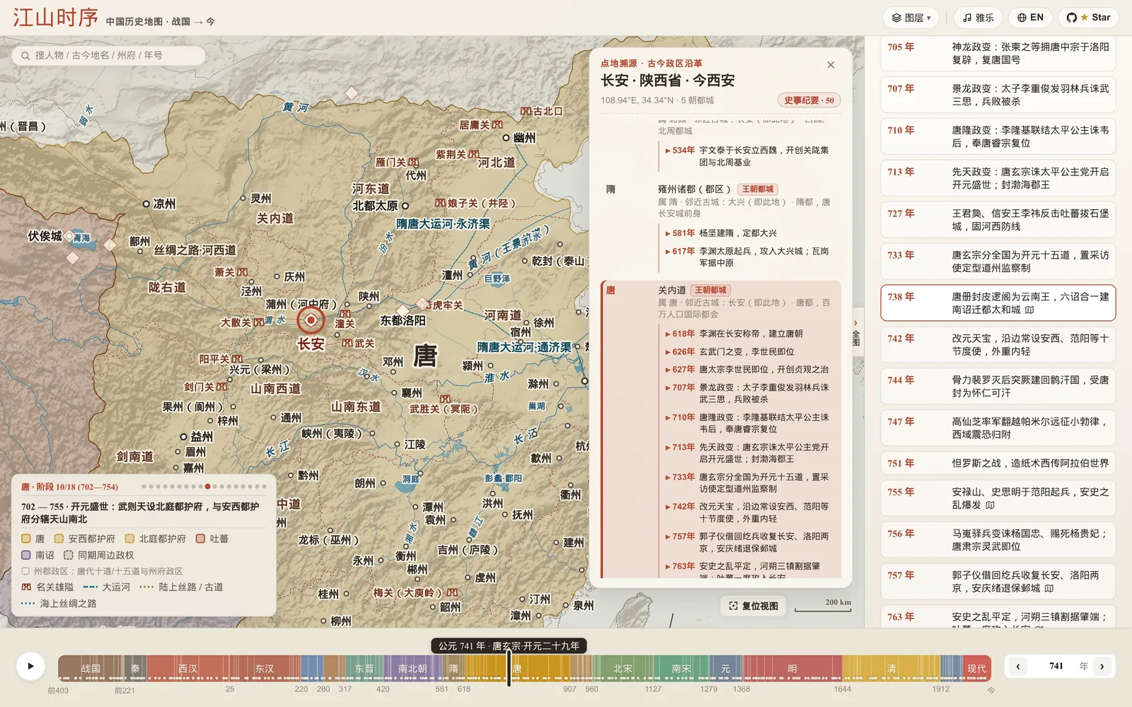 江山时序：盛唐 741 年疆域与长安的点地溯源卡片